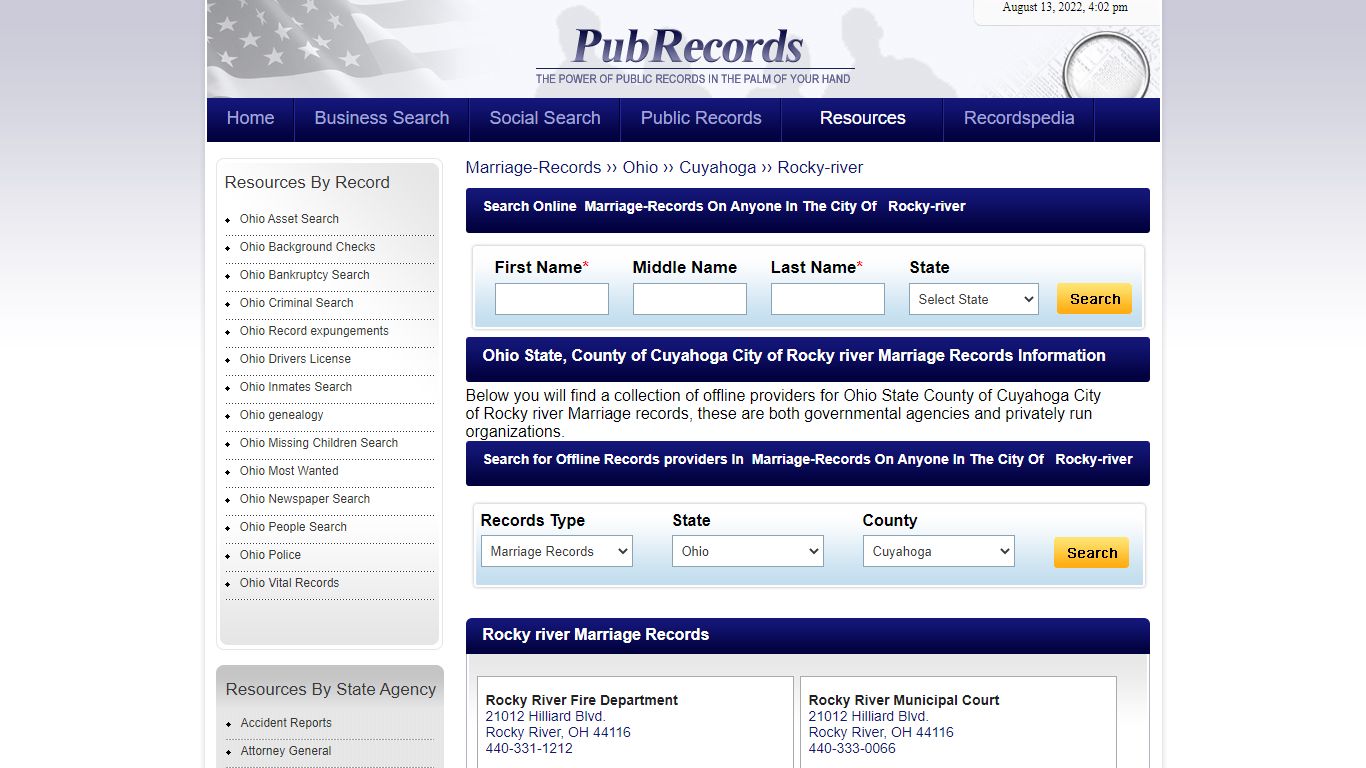 Rocky river, Cuyahoga County, Ohio Marriage Records